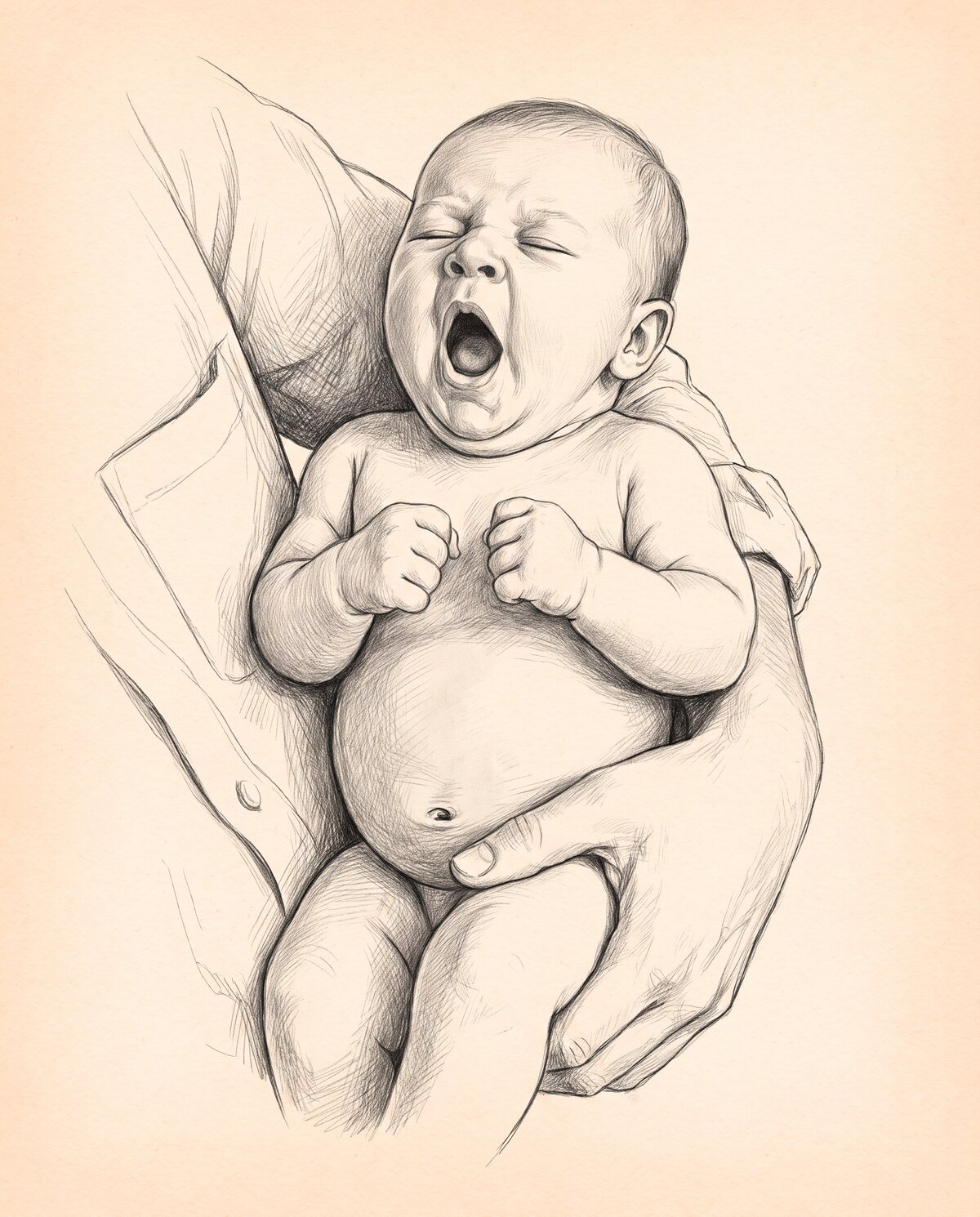 Bebê bocejando no colo, sinal de sono, ilustração a lápis