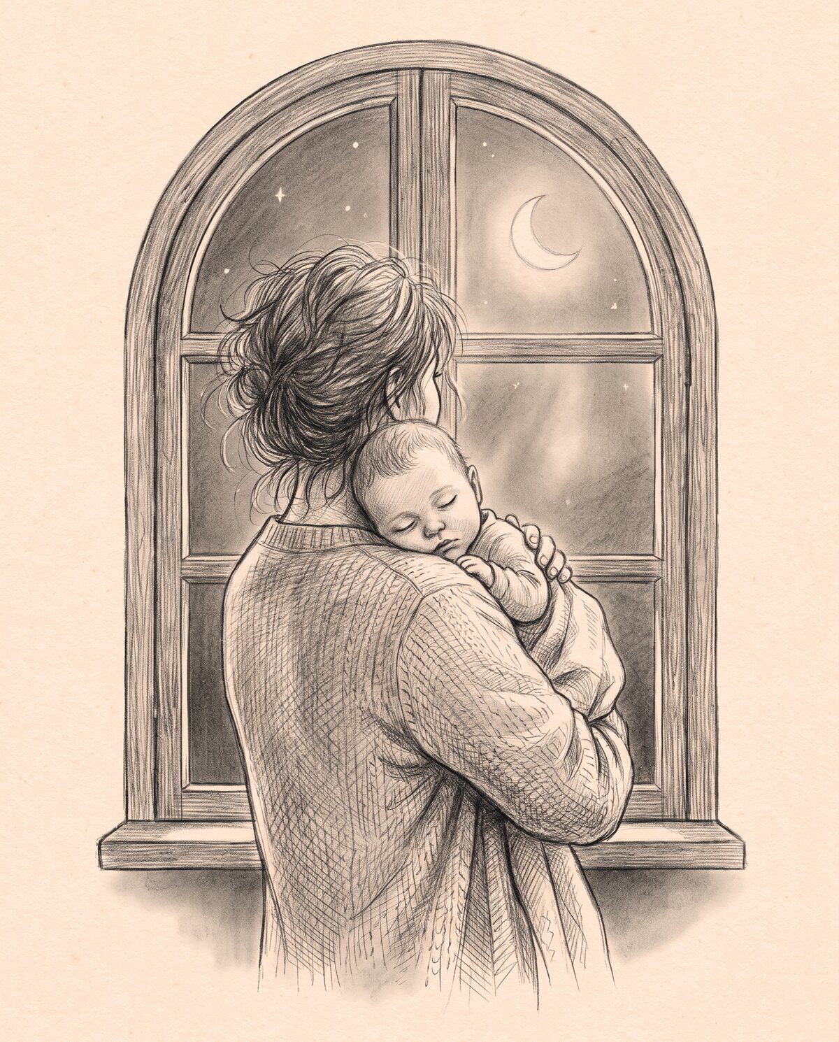 Mãe de costas, segurando o bebê no colo e olhando pela janela na madrugada, ilustração a lápis