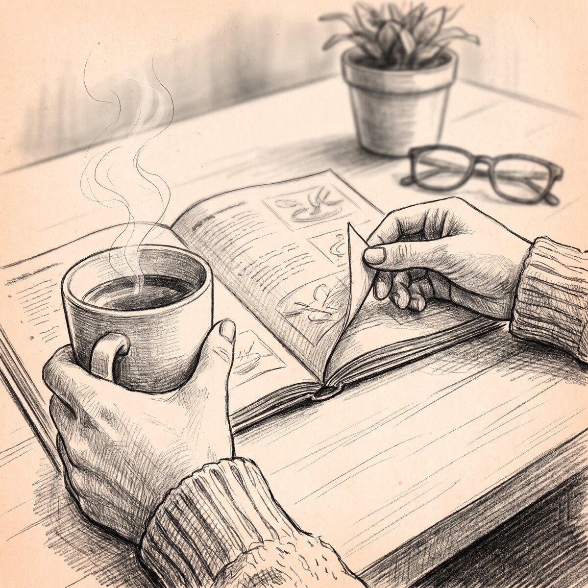 Mãos folheando o manual, com uma xícara de café ao lado, ilustração a lápis