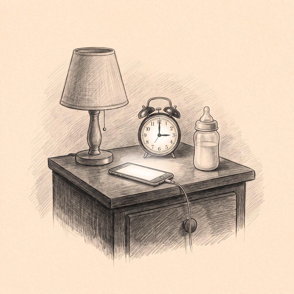 Mesa de cabeceira às três da manhã: relógio, mamadeira e celular, ilustração a lápis