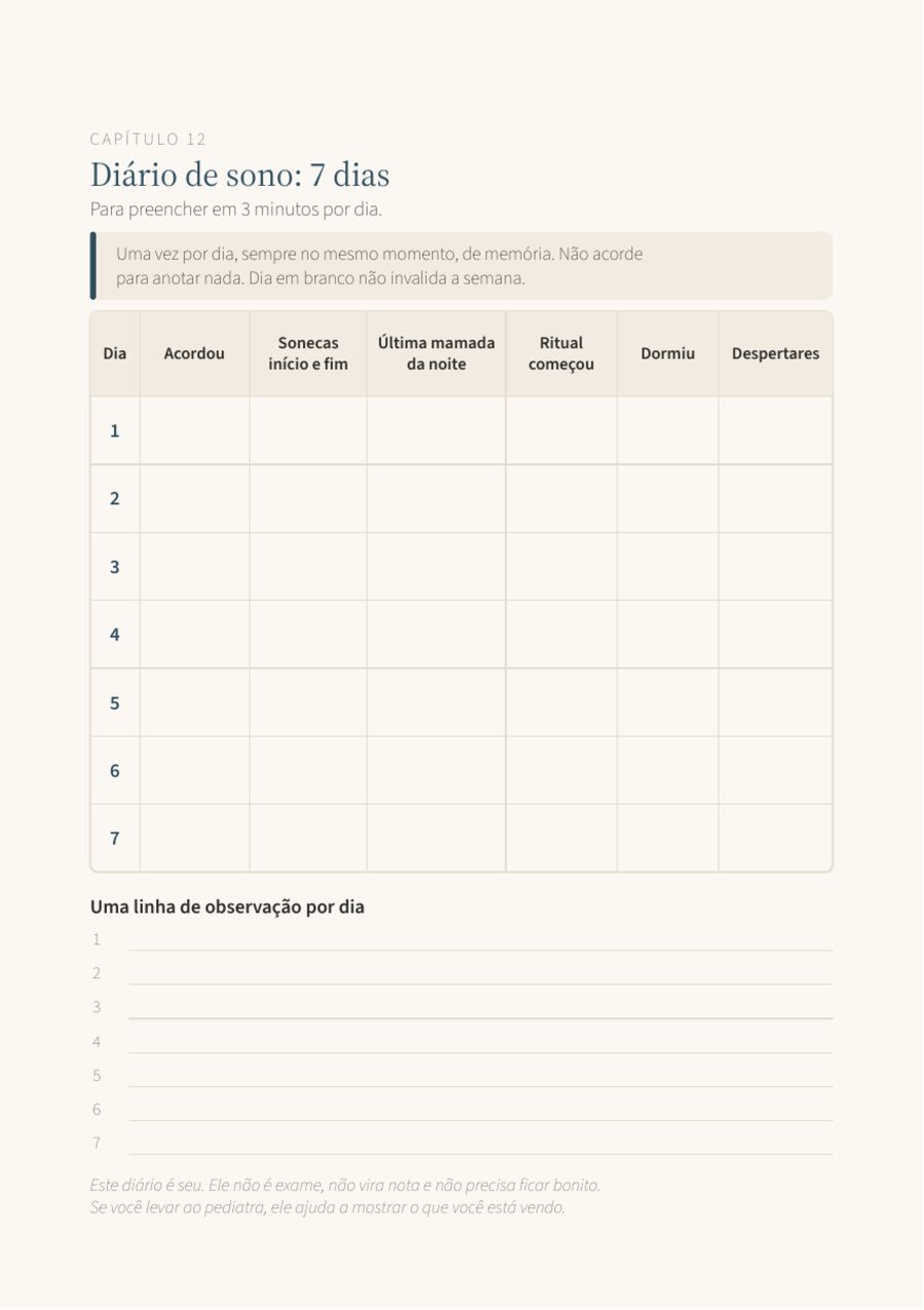 Página real do manual: diário de sono de 7 dias para preencher